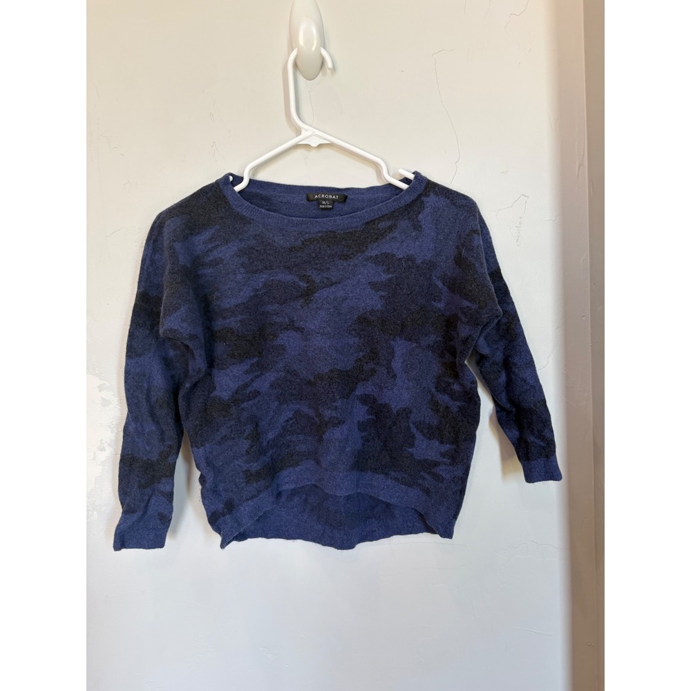 Acrobat Blue Camo Wool Cashmere Blend Crew Neck High Low Sweater Womens ML